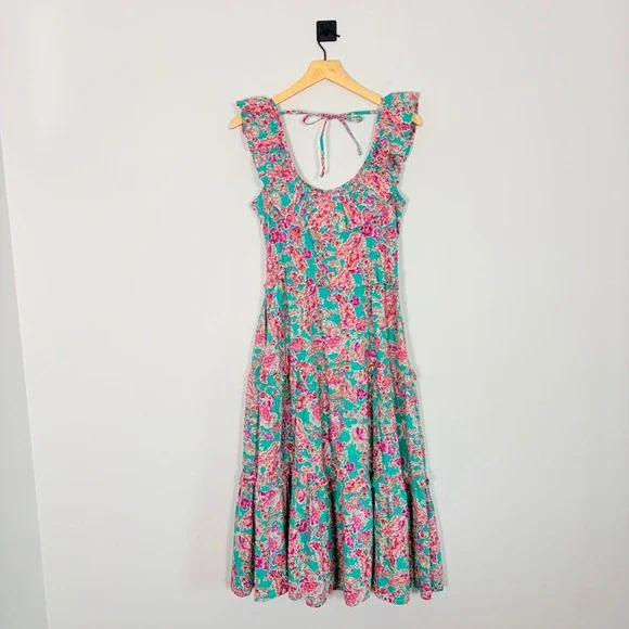 J Crew Womens Floral Paisley Ruffle Tiered Midi Sundress Green Pink 4 - Picture 7 of 10